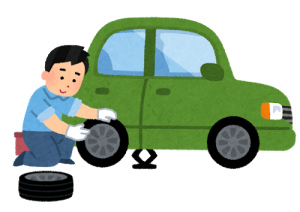 自動車のタイヤ交換をしている男性のイラスト