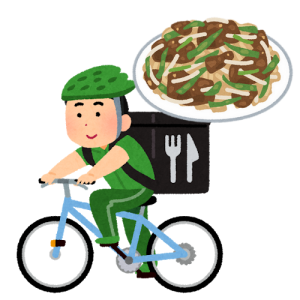 自転車で配達するデリバリー業者とレバニラ炒めのイラスト