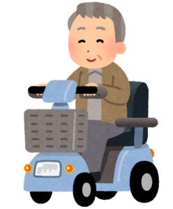 笑顔でセニアカーを運転しているおじいさんのイラスト