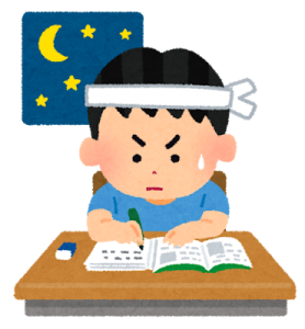 夜中に猛勉強している少年のイラスト