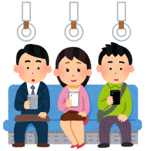 電車の座席に座ってスマートフォンを見ている人たちのイラスト