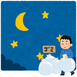 夜中にごみ捨てをする男性のイラスト