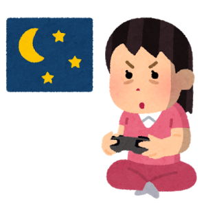 徹夜でゲームをする女性のイラスト